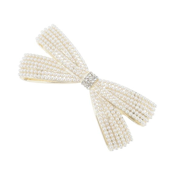 Unique Bargains 1 Pc Hair Clips Cute Rhinestone Pearl 3D Bow Spring Clip Hairdo Clip Gold Tone White