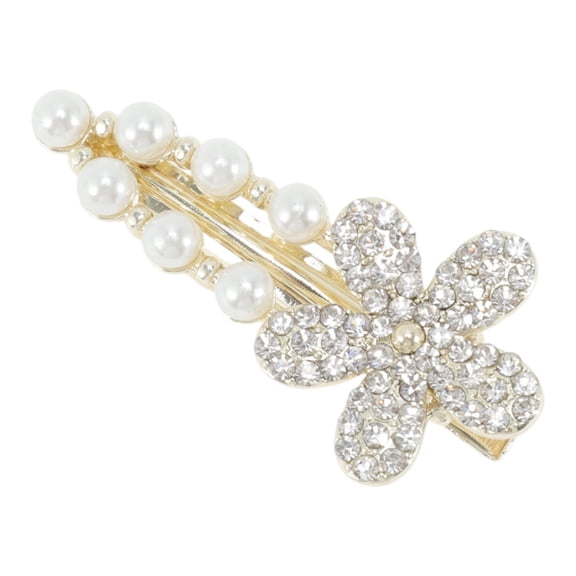 Unique Bargains 1 Pc Hair Clips Exquisite Rhinestone Flower Hollow Press Clip Hairdo Clip Gold Tone White Transparent