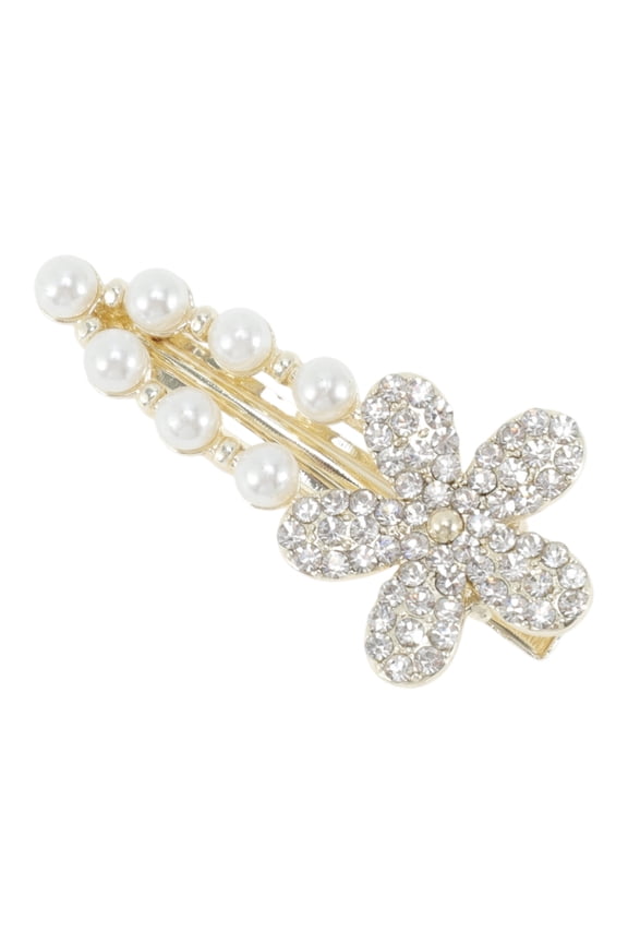1 Pc Hair Clips Exquisite Rhinestone Flower Hollow Press Clip Hairdo Clip Gold Tone White Transparent