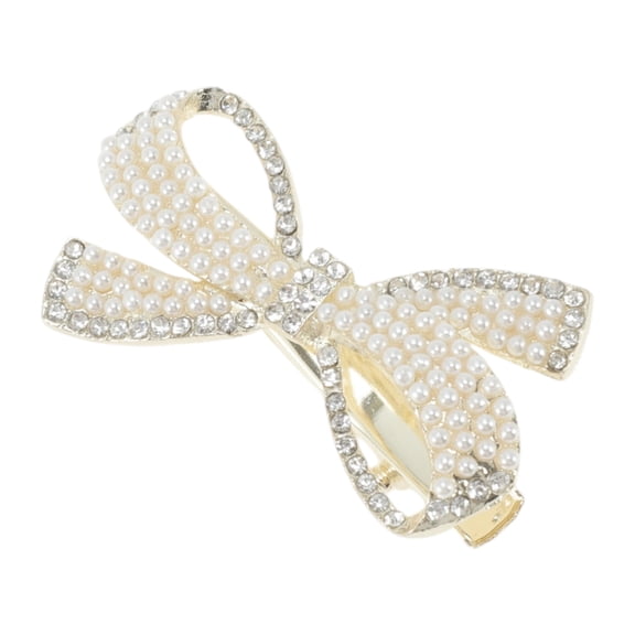 Unique Bargains 1 Pc Hair Clips Grace Rhinestone Pearl Folded Bow Duckbill Clip Hairdo Clip Gold Tone White