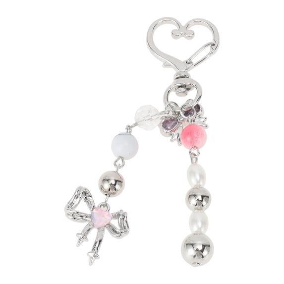 Unique Bargains 1 Pc Handbag Charm Keychain Beads Bag Accessories Silver Tone Beige