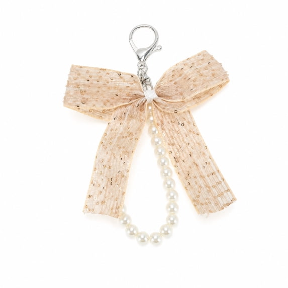 Unique Bargains 1 Pc Handbag Charms Keychain Bow Faux Pearls Bag Accessories Light Yellow