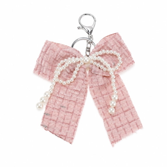 Unique Bargains 1 Pc Handbag Charms Keychain Bow Faux Pearls Bag Accessories Pink, White
