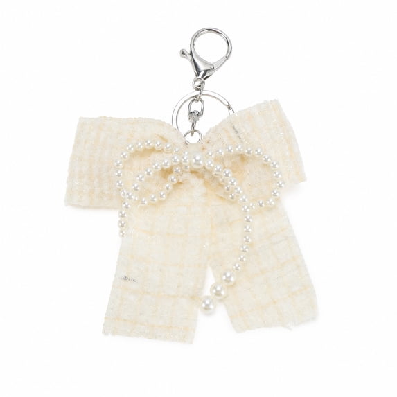 Unique Bargains 1 Pc Handbag Charms Keychain Bow Faux Pearls Bag Accessories White