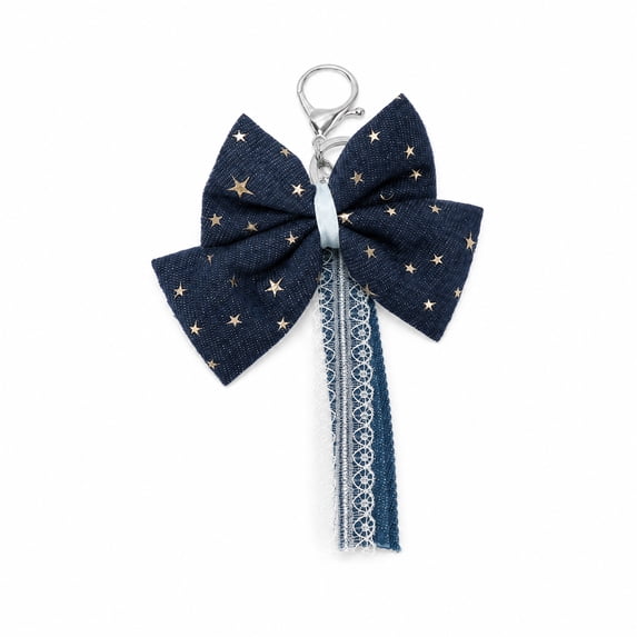 Unique Bargains 1 Pc Handbag Charms Keychain Denim Bow Bag Accessories Dark Blue, White