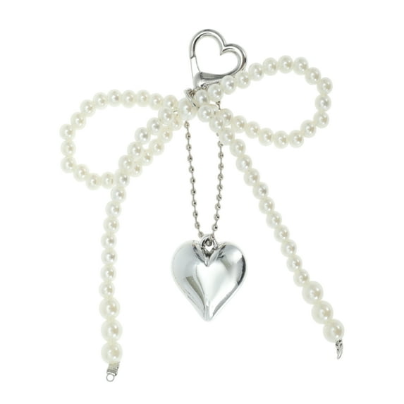 Unique Bargains 1 Pc Handbag Charms Keychains Faux Pearl Heart Bag Accessories White Silver Tone