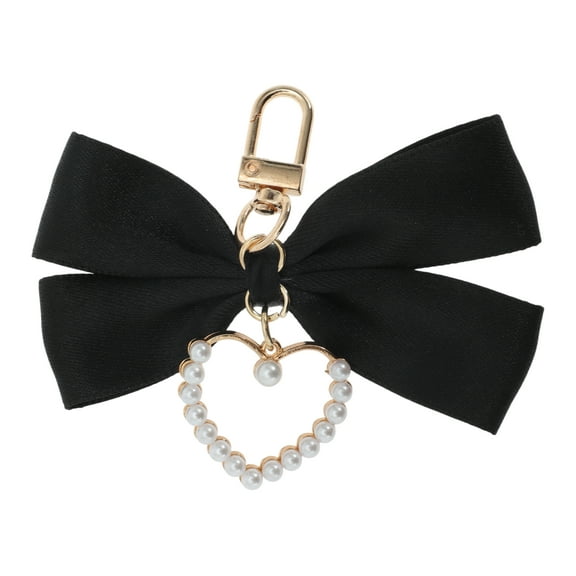 Unique Bargains 1 Pc Handbag Charms Keychains Faux Pearl Heart Bow Bag Accessories Black