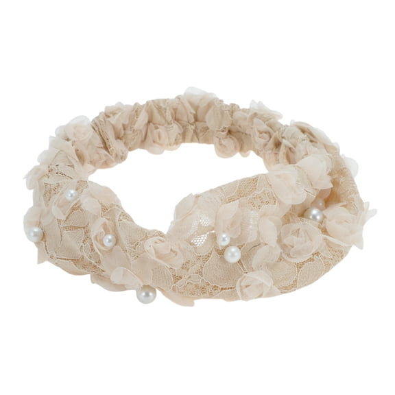 Unique Bargains 1 Pc Headband Faux Pearl Lace Wide Hairband for Women Beige