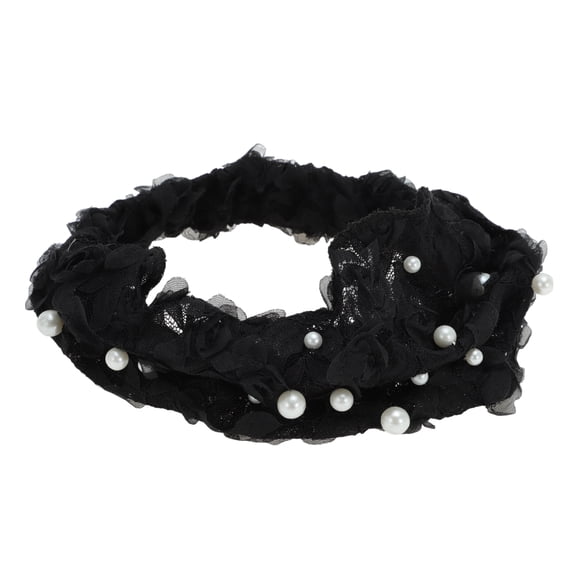 Unique Bargains 1 Pc Headband Faux Pearl Lace Wide Hairband for Women Black