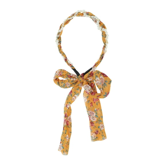 Unique Bargains 1 Pc Headband Faux Pearl Ribbon Hair Accessories for Women Yellow