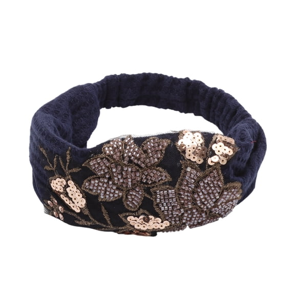 Unique Bargains 1 Pc Headband Rose Wide Hairband for Women Navy Blue Gold Tone