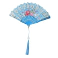 thumbnail image 1 of Unique Bargains 1 Pc Hot Stamped Floral with Tassel Folding Fan for Masquerade Sky Blue Silk Fabric, 1 of 5
