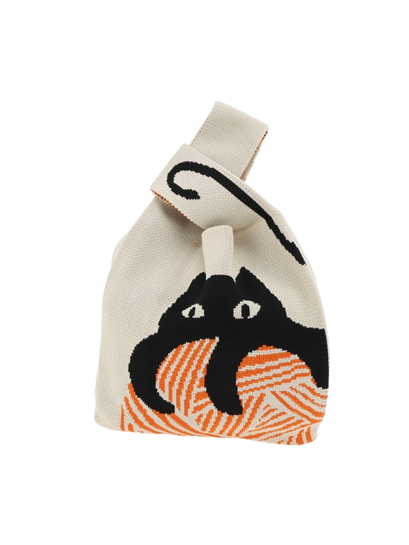 1 Pc Knitted Wrist Bag Cat Gift Bag Beige