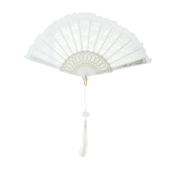 Unique Bargains 1 Pc Lace Trim Orchid with Tassel Folding Fan for Masquerade White Silk Fabric
