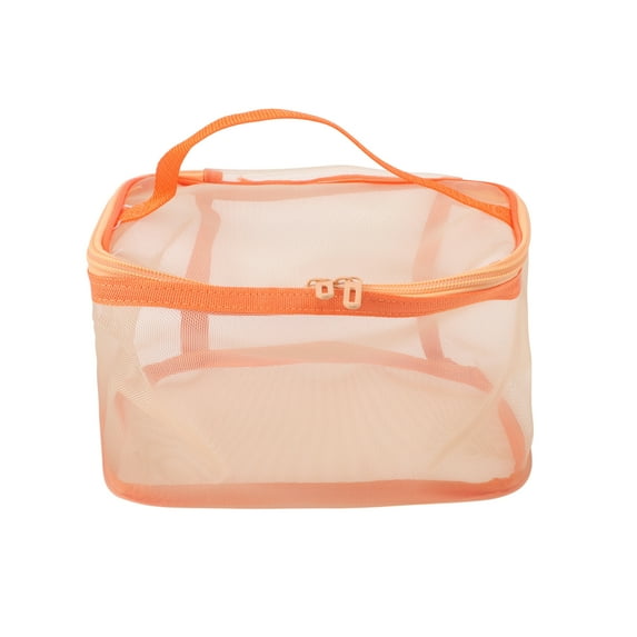 Unique Bargains 1 Pc Large Capacity Drawstring Makeup Bag for Vacation Business Travel Mesh Fabric orange