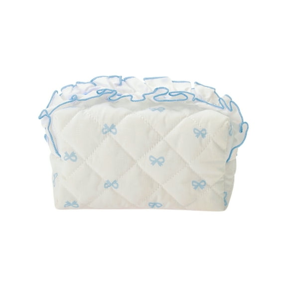Unique Bargains 1 Pc Large Lace Bow Ruffles Makeup Bag Blue Polyester