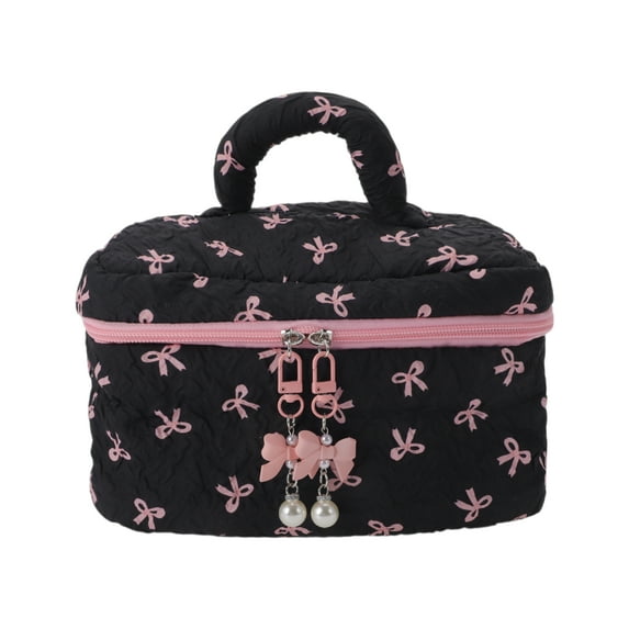 Unique Bargains 1 Pc Large Pendant Bow Makeup Bag Black Pink Polyester