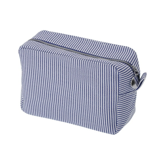 Unique Bargains 1 Pc Large Striped Pattern Makeup Bag for Travel Navy Blue Seersucker