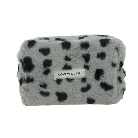 Unique Bargains 1 Pc Leopard Plush Drawstring Makeup Bag for Vacation Business Travel Plush Gray