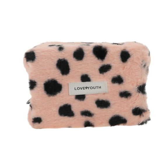 Unique Bargains 1 Pc Leopard Plush Drawstring Makeup Bag for Vacation Business Travel Plush Pink