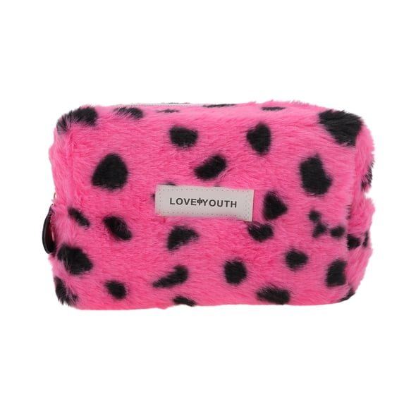 Unique Bargains 1 Pc Leopard Plush Drawstring Makeup Bag for Vacation Business Travel Plush Rose Red