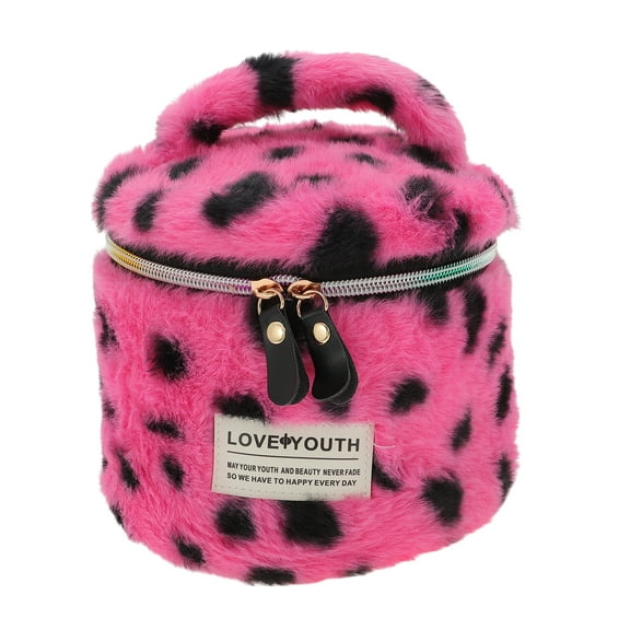 Unique Bargains 1 Pc Leopard Print Drawstring Makeup Bag for Vacation Business Travel Plush Rose Red