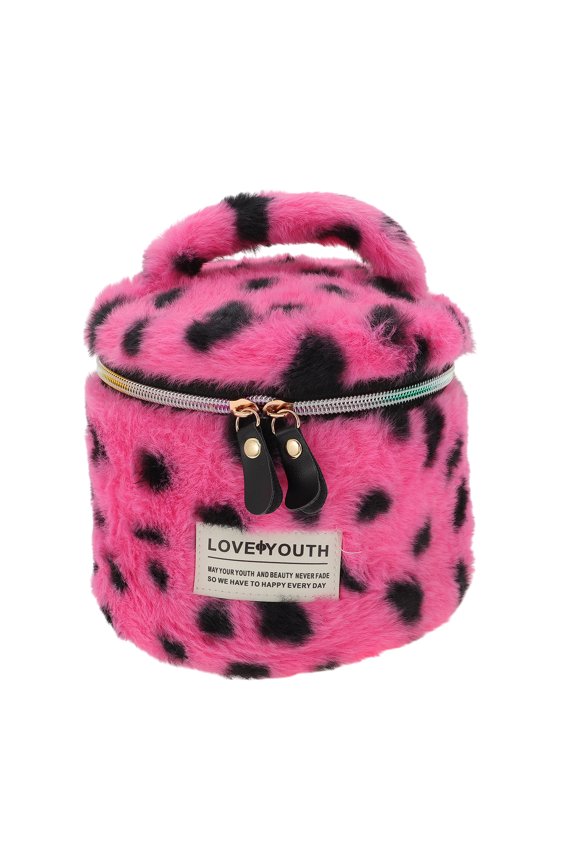 1 Pc Leopard Print Drawstring Makeup Bag for Vacation Business Travel Plush Rose Red