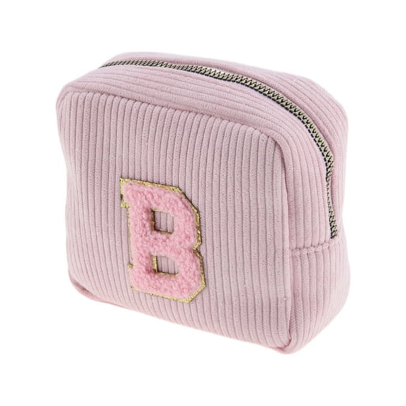 Unique Bargains 1 Pc Letter B Pattern Makeup Bag for Travel Pink Corduroy