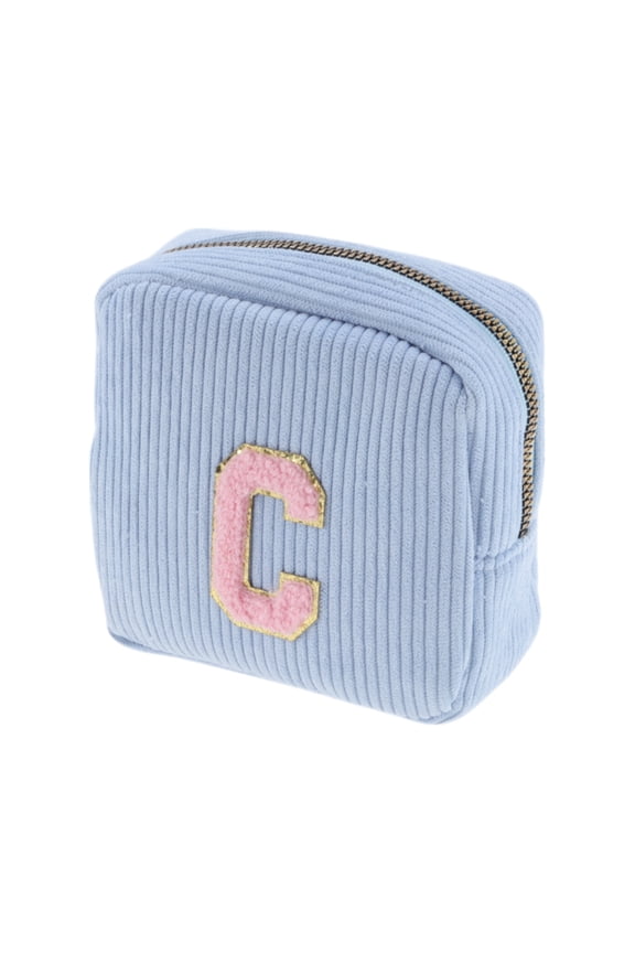 1 Pc Letter C Pattern Makeup Bag for Travel Blue Corduroy