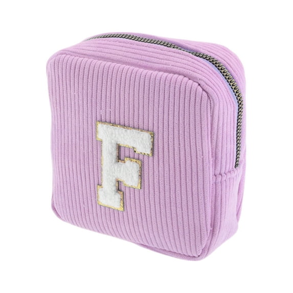 Unique Bargains 1 Pc Letter F Pattern Makeup Bag for Travel Pink Purple Corduroy