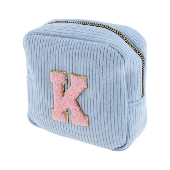 Unique Bargains 1 Pc Letter K Pattern Makeup Bag for Travel Blue Corduroy