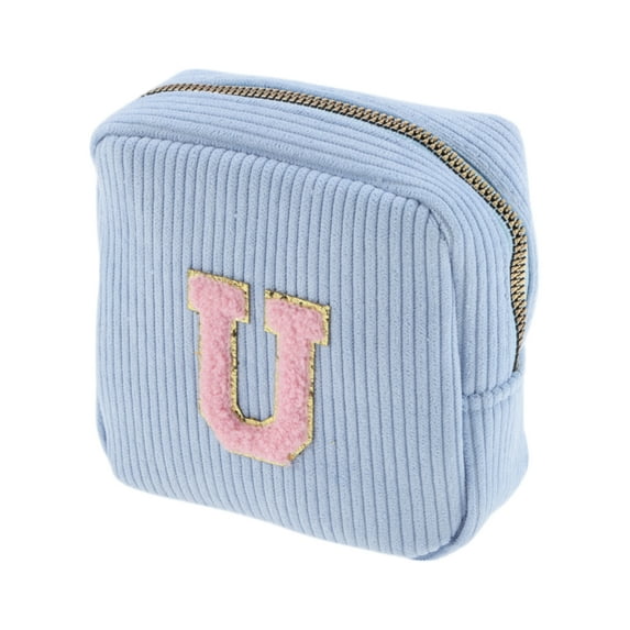 Unique Bargains 1 Pc Letter U Pattern Makeup Bag for Travel Blue Corduroy