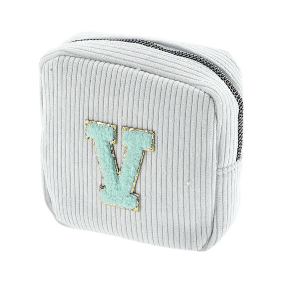 Unique Bargains 1 Pc Letter V Pattern Makeup Bag for Travel White Corduroy
