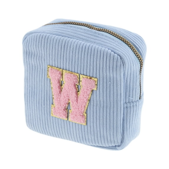 Unique Bargains 1 Pc Letter W Pattern Makeup Bag for Travel Blue Corduroy