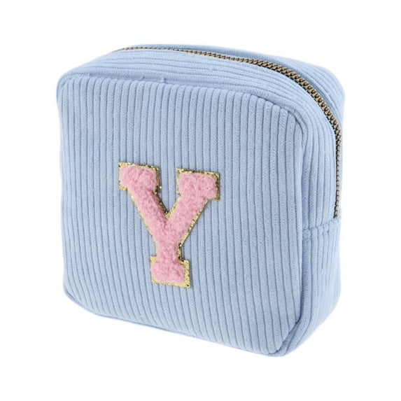 Unique Bargains 1 Pc Letter Y Pattern Makeup Bag for Travel Blue Corduroy