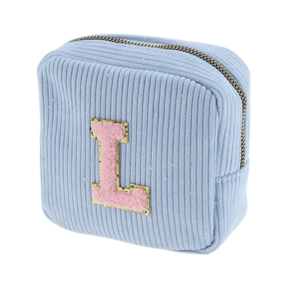 Unique Bargains 1 Pc Letter l Pattern Makeup Bag for Travel Blue Corduroy