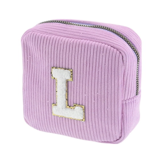 Unique Bargains 1 Pc Letter l Pattern Makeup Bag for Travel Pink Purple Corduroy