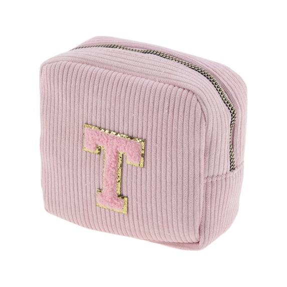 Unique Bargains 1 Pc Letter t Pattern Makeup Bag for Travel Pink Corduroy