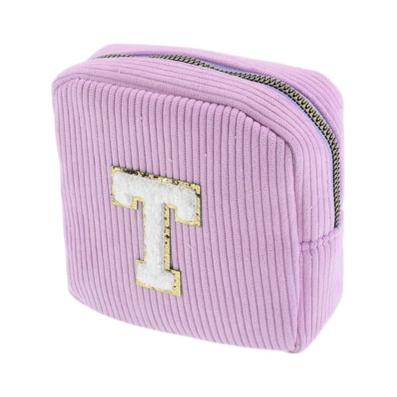 Unique Bargains 1 Pc Letter t Pattern Makeup Bag for Travel Pink Purple Corduroy