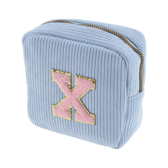 Unique Bargains 1 Pc Letter x Pattern Makeup Bag for Travel Blue Corduroy