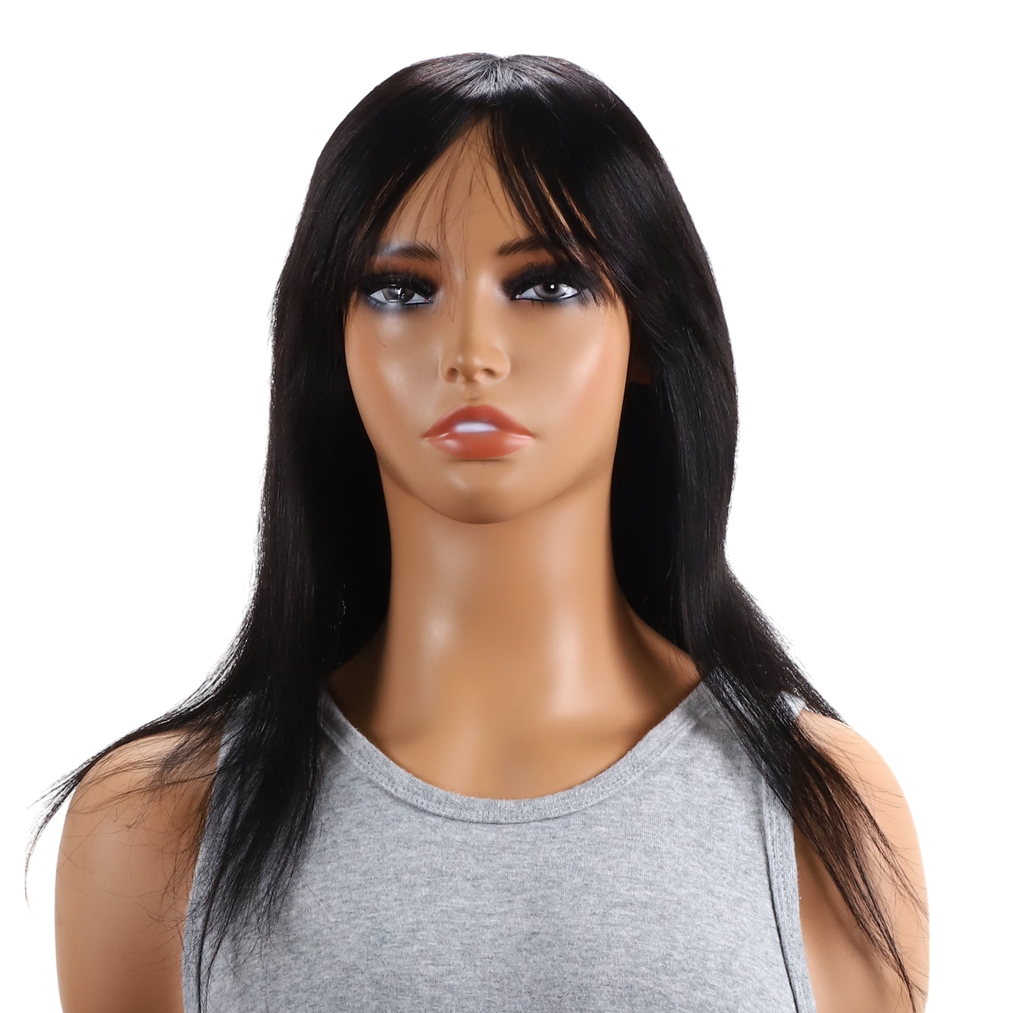 Unique Bargains 1 Pc Long Hair Straight Bangs Hair Wig Real Human Hair 14in Human Wig Black for Women