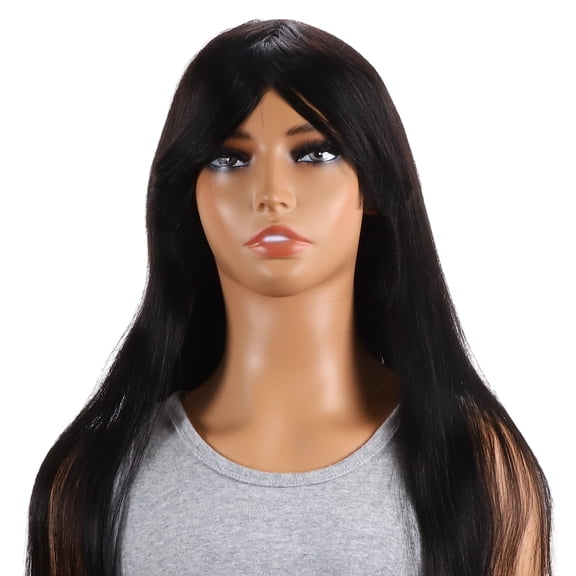 Unique Bargains 1 Pc Long Hair Straight Bangs Hair Wig Real Human Hair 20in Human Wig Black for Women
