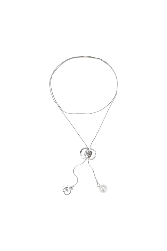 1 Pc Long Sweater Necklace Adjustable Simple Long Pendant Double Rings Pendant Necklace 31.89" Silver Tone