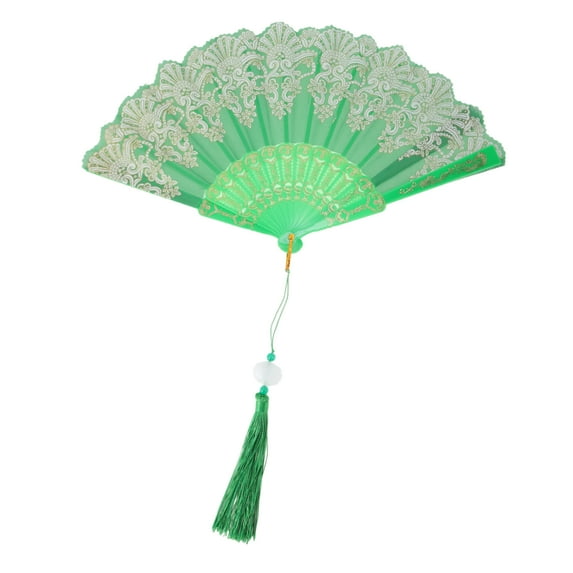 Unique Bargains 1 Pc Lucky Cloud Pattern Folding Fan for Masquerade Green Silk Fabric