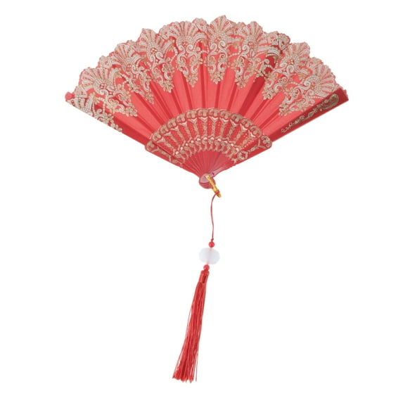 Unique Bargains 1 Pc Lucky Cloud Pattern Folding Fan for Masquerade Red Silk Fabric