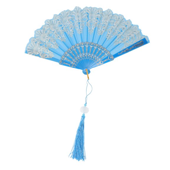 Unique Bargains 1 Pc Lucky Cloud Pattern Folding Fan for Masquerade Sky Blue Silk Fabric