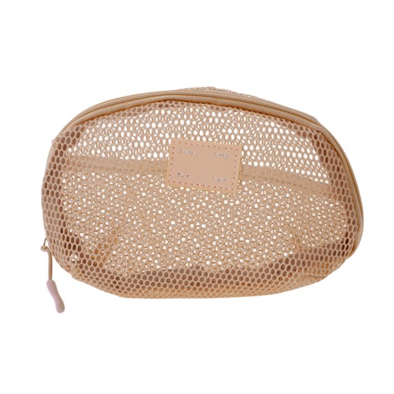Unique Bargains 1 Pc Mesh Hand-held Sundries Makeup Bag Polyester Beige 8.27in