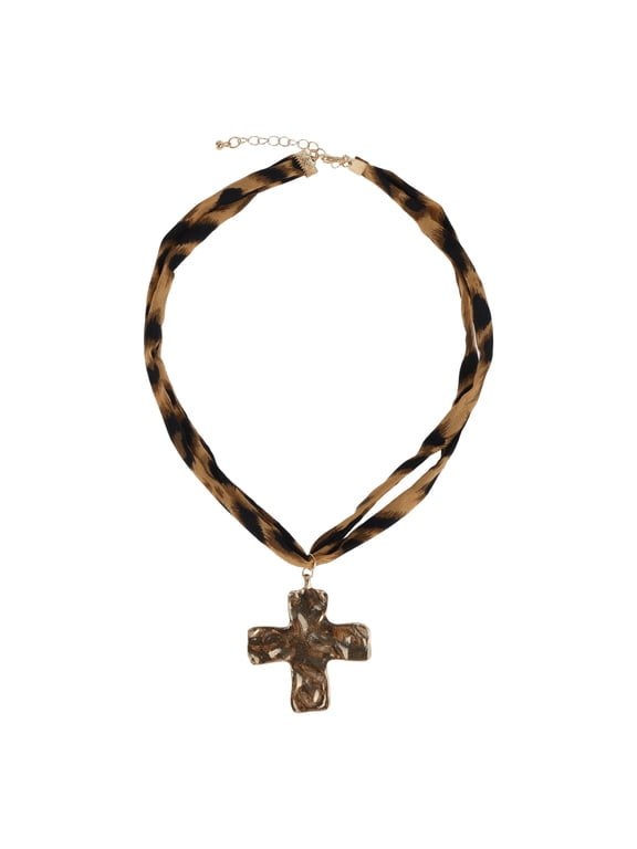 1 Pc Pendant Necklace Leopard Cross Collarbone Necklace Coffee Color Gold Tone
