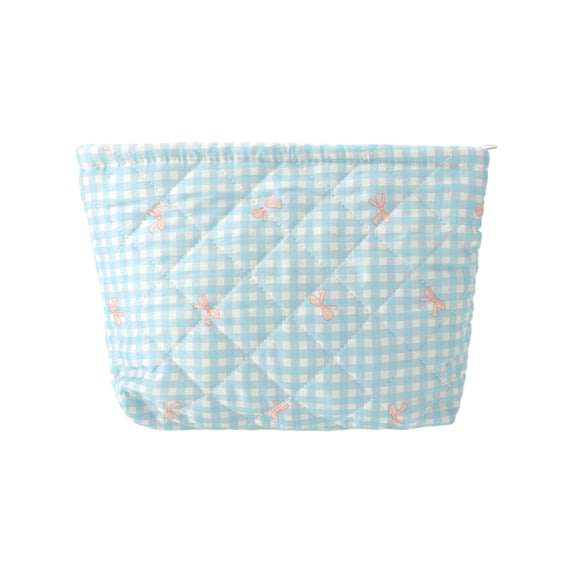 Unique Bargains 1 Pc Plaid Bow Makeup Bag Blue Polyester