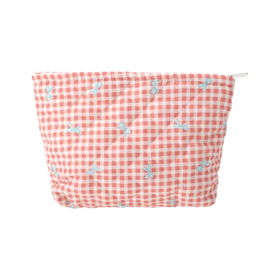 Unique Bargains 1 Pc Plaid Bow Makeup Bag Orange Pink Polyester